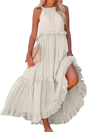 Maxi Dresses for Women 2025 Sleeveless Sexy Tiered Flowy Long Dress Summer Loose Smocked Ruffle Swing Beach Dresses