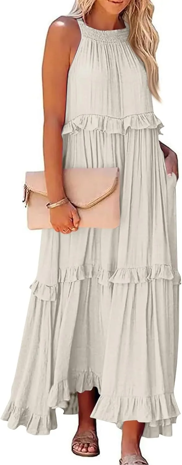 Maxi Dresses for Women 2025 Sleeveless Sexy Tiered Flowy Long Dress Summer Loose Smocked Ruffle Swing Beach Dresses