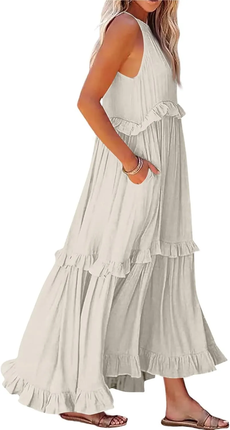 Maxi Dresses for Women 2025 Sleeveless Sexy Tiered Flowy Long Dress Summer Loose Smocked Ruffle Swing Beach Dresses