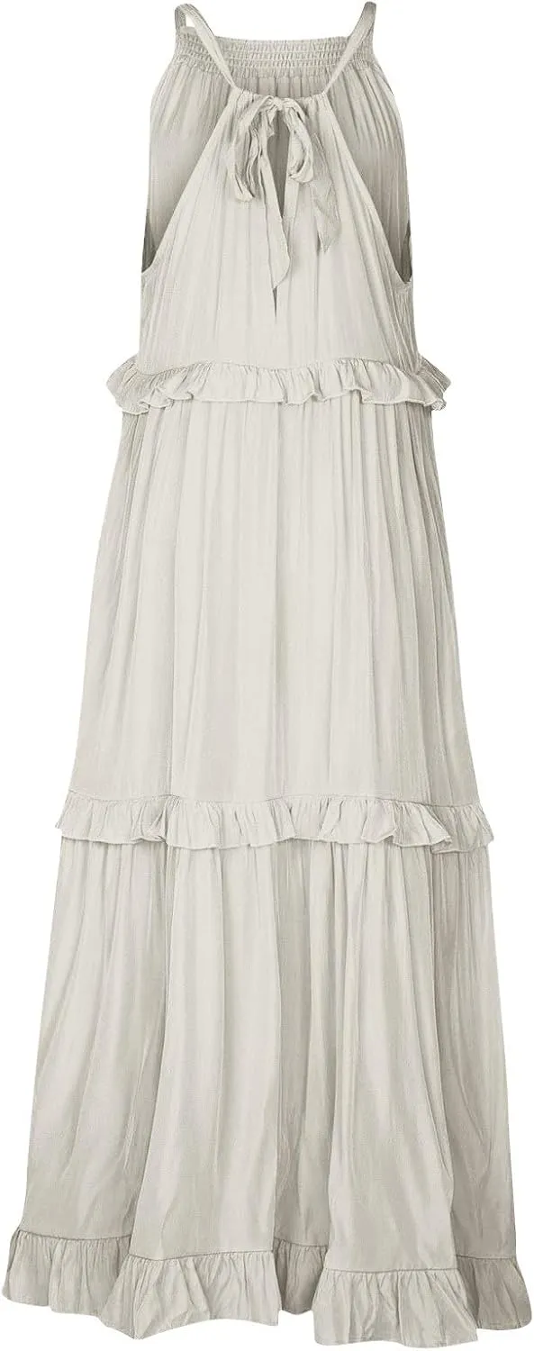 Maxi Dresses for Women 2025 Sleeveless Sexy Tiered Flowy Long Dress Summer Loose Smocked Ruffle Swing Beach Dresses