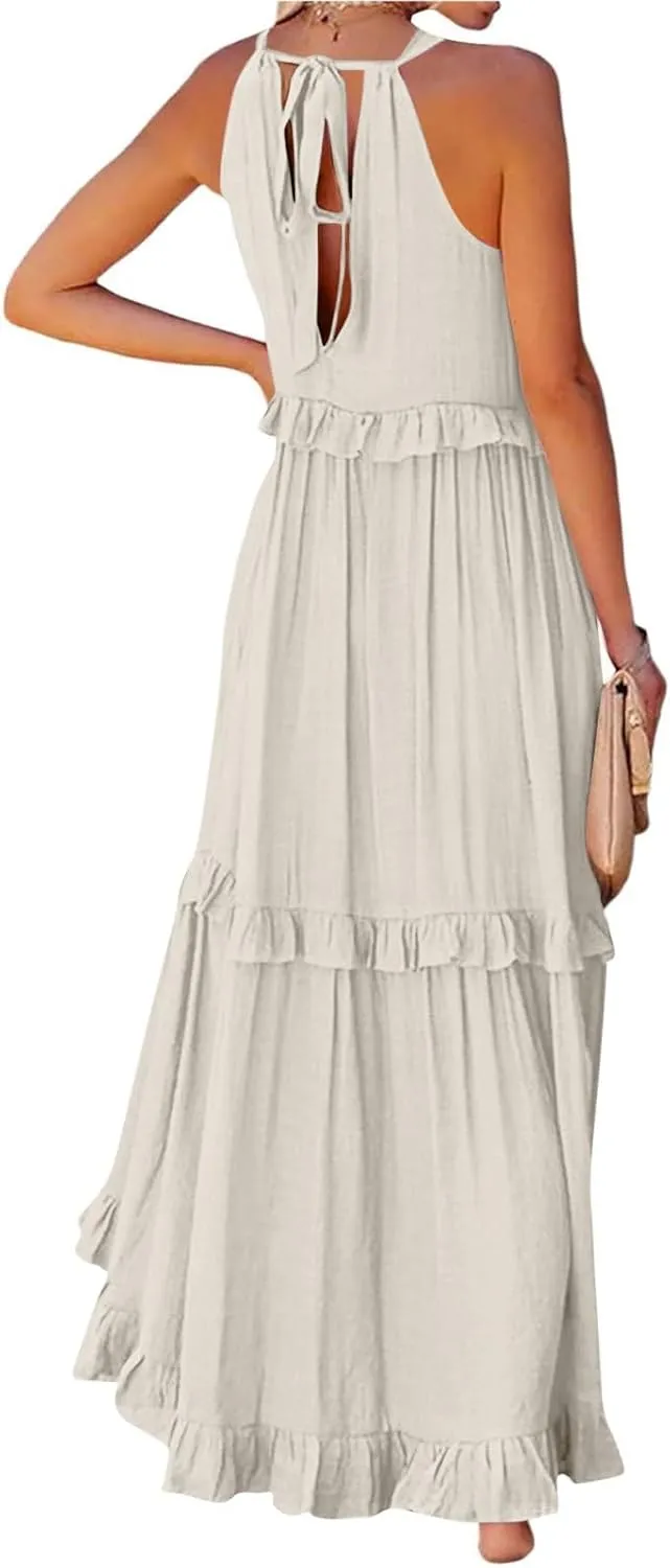 Maxi Dresses for Women 2025 Sleeveless Sexy Tiered Flowy Long Dress Summer Loose Smocked Ruffle Swing Beach Dresses