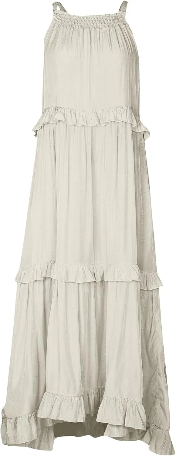 Maxi Dresses for Women 2025 Sleeveless Sexy Tiered Flowy Long Dress Summer Loose Smocked Ruffle Swing Beach Dresses