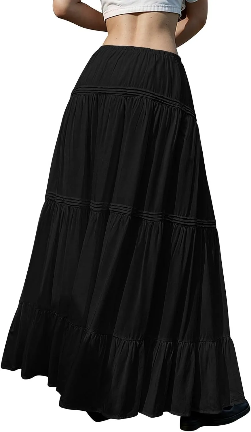 Maxi Skirts for Women Trendy Drawstring High Waisted Flowy Tiered Linen Skirt Pleated Ruffled A-Line Long Skirts