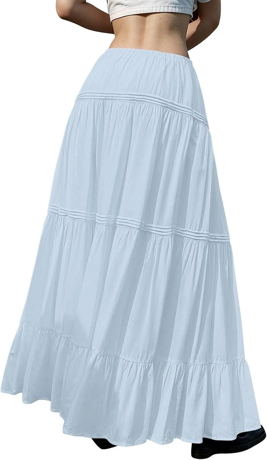 Maxi Skirts for Women Trendy Drawstring High Waisted Flowy Tiered Linen Skirt Pleated Ruffled A-Line Long Skirts