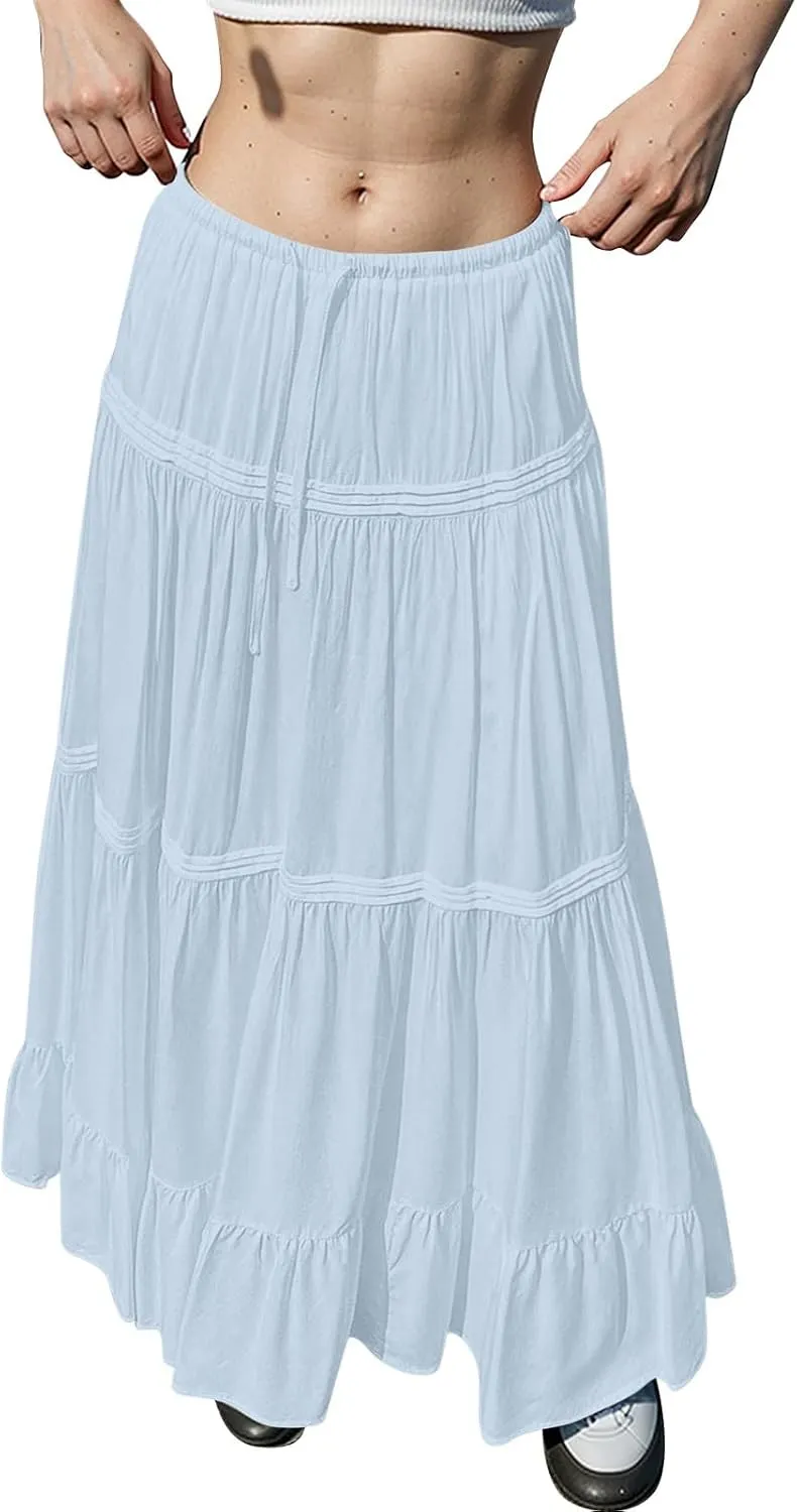 Maxi Skirts for Women Trendy Drawstring High Waisted Flowy Tiered Linen Skirt Pleated Ruffled A-Line Long Skirts