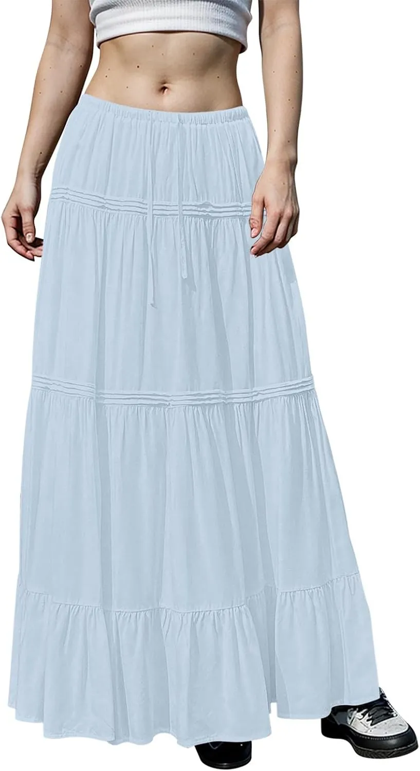 Maxi Skirts for Women Trendy Drawstring High Waisted Flowy Tiered Linen Skirt Pleated Ruffled A-Line Long Skirts