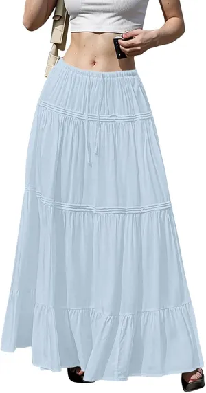 Maxi Skirts for Women Trendy Drawstring High Waisted Flowy Tiered Linen Skirt Pleated Ruffled A-Line Long Skirts