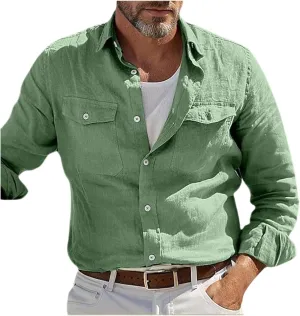 Men Casual Long Sleeve Linen Shirts Solid Button Down Double Pockets Work Shirt Lingtweight Soft Fall Outdoor Tee Top