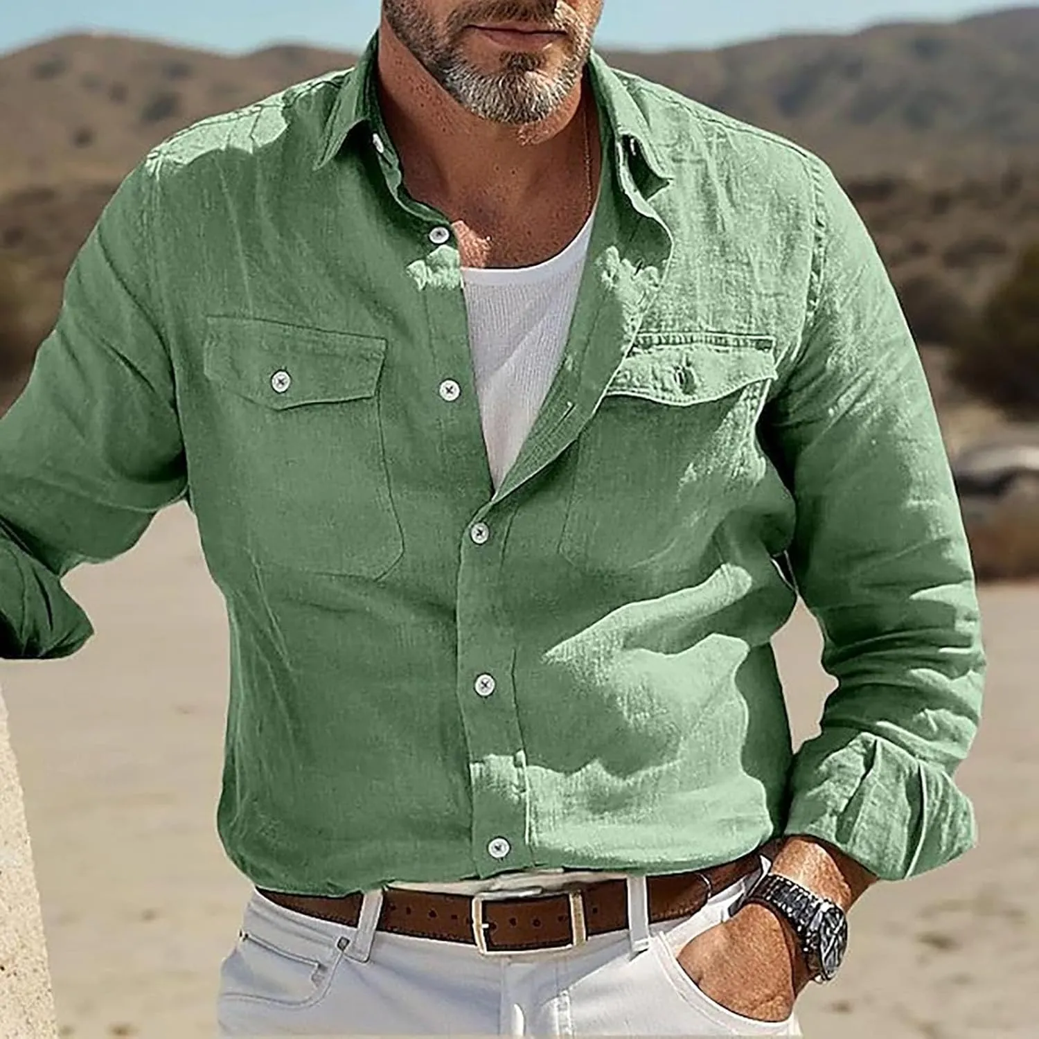 Men Casual Long Sleeve Linen Shirts Solid Button Down Double Pockets Work Shirt Lingtweight Soft Fall Outdoor Tee Top