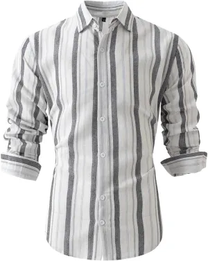 Men Cotton and Linen Shirt Button Down Lapel Striped Printed Long Sleeve Blouse Tops Casual Soft Slim Fit Shirts