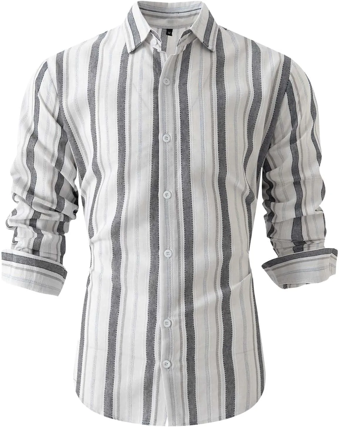 Men Cotton and Linen Shirt Button Down Lapel Striped Printed Long Sleeve Blouse Tops Casual Soft Slim Fit Shirts