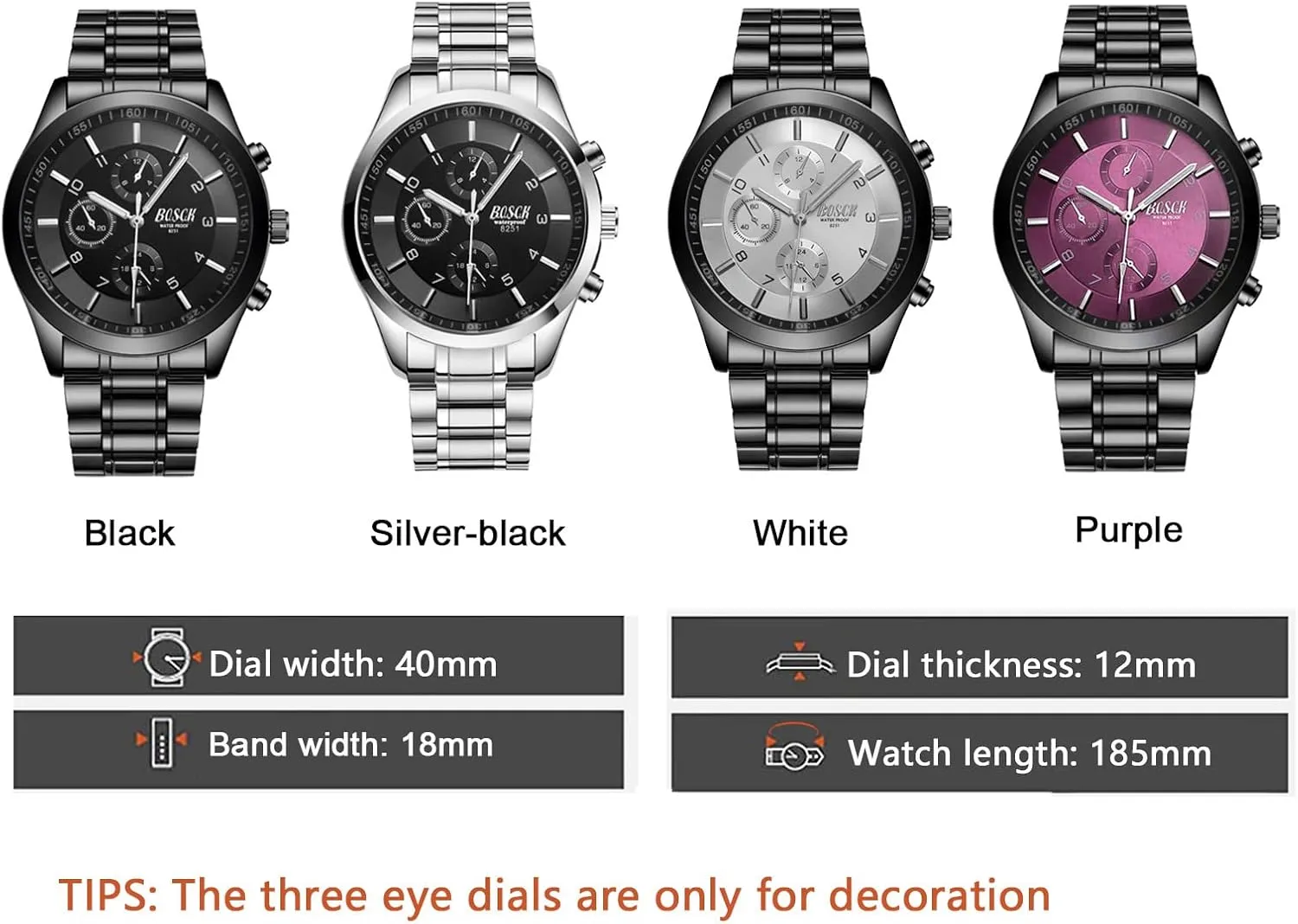 Men's 40mm Analog Watch  Auto Date & Day Display, Stainless Steel Business Wristwatch, Easy to Read, 30M Waterproof, No Chronograph
