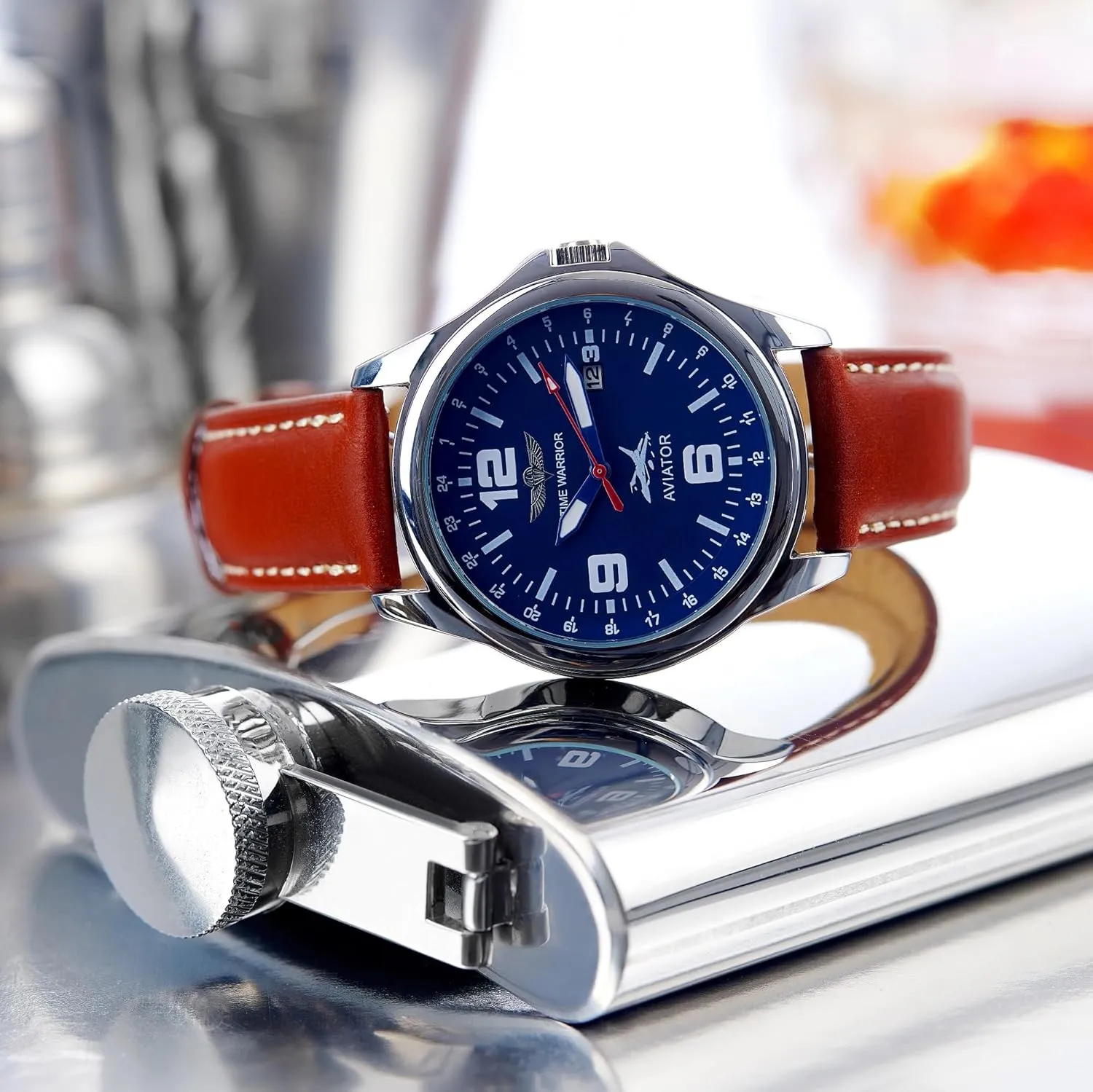 Mens Aviator Luxury Pilot Watches for Men Genuine Leather Strap - 40mm Watch - Japanese Movement (Blue)