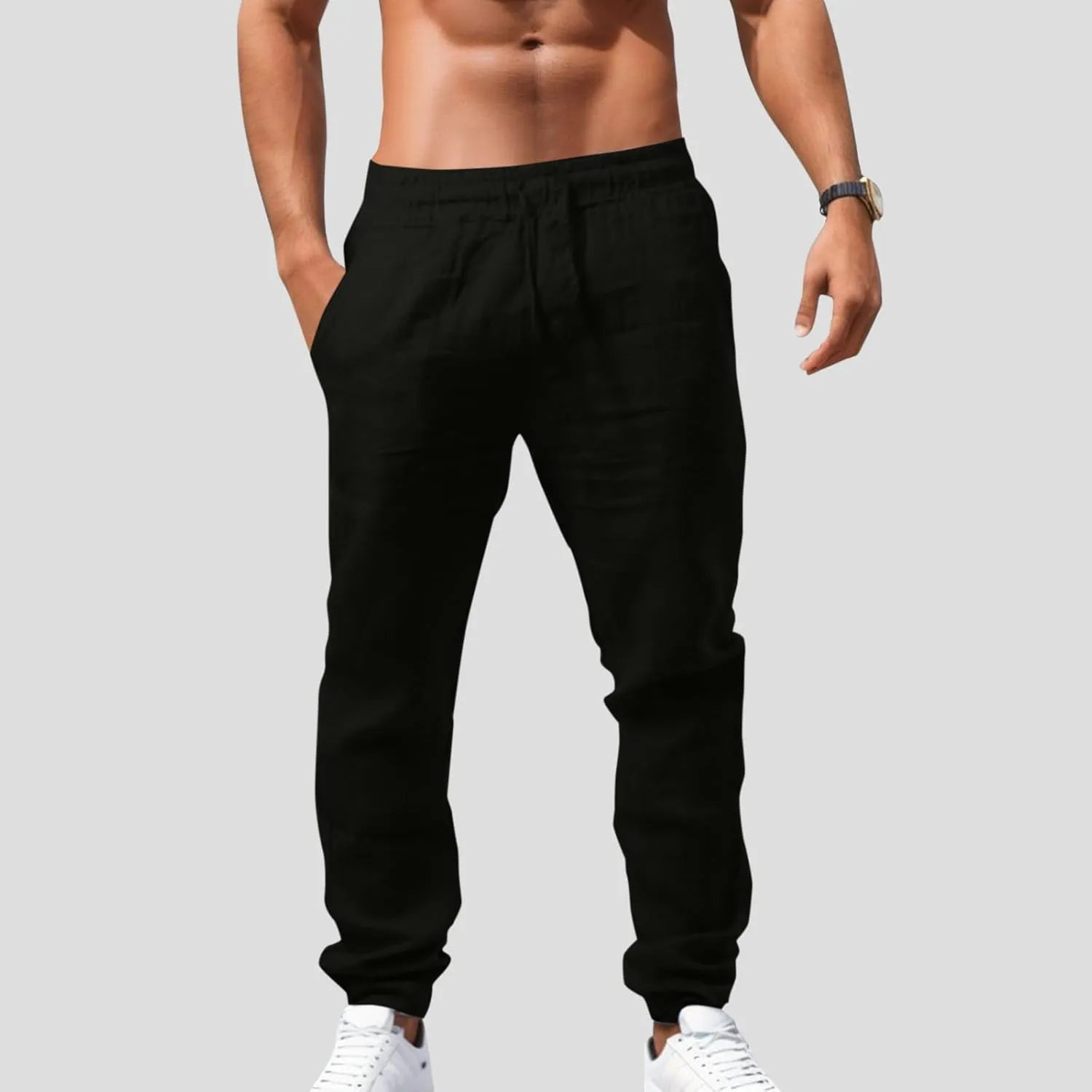 Mens Cargo Pants Casual Linen Waistband Pant Open Hem Sweatpant Joggers Looseness Running Workout Jogger