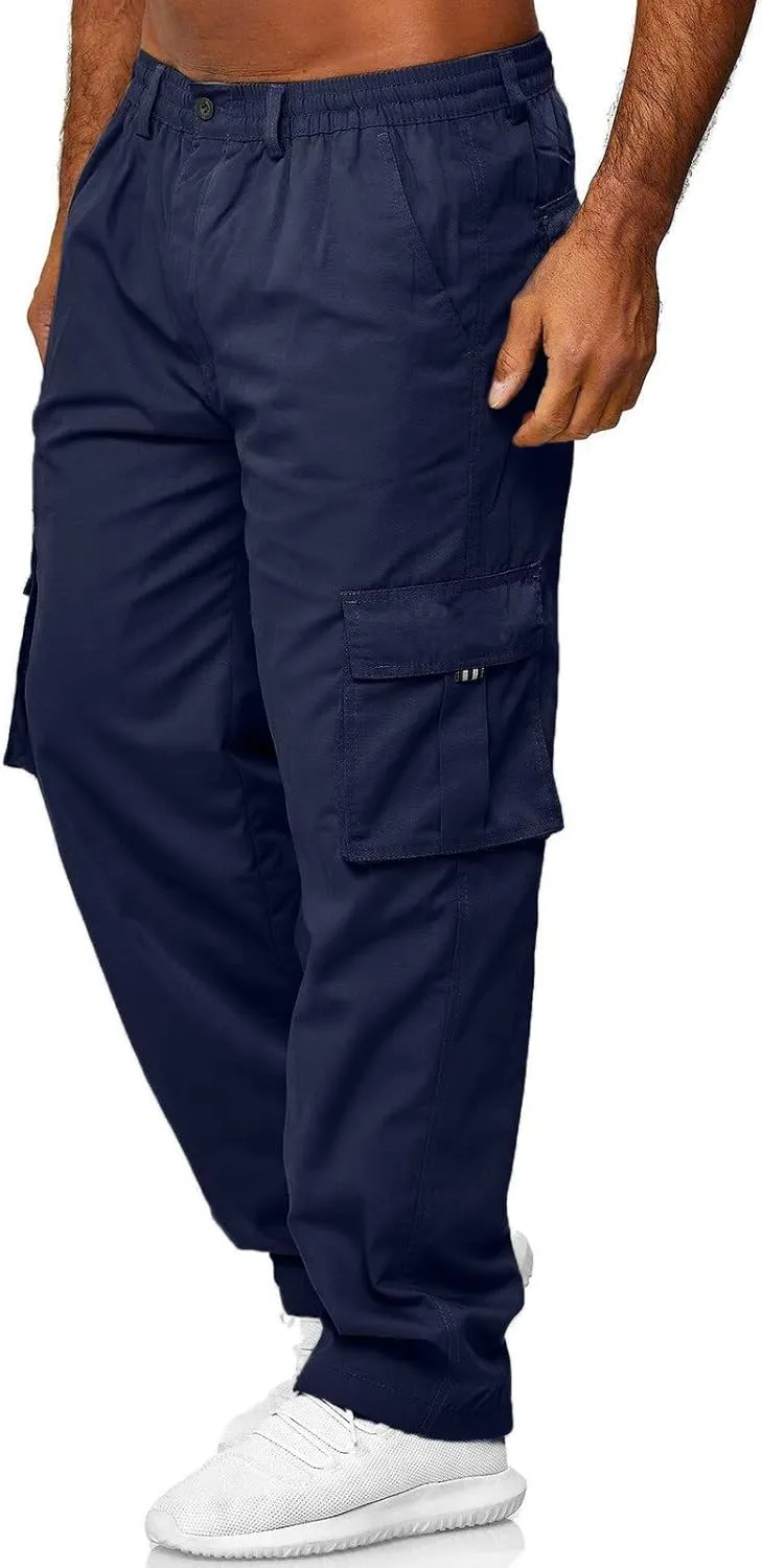 Men's Combat Cargo Pants Casual Linen Stretch Elastic Waist Pant Sweatpant Joggers Baggy Running Sports
