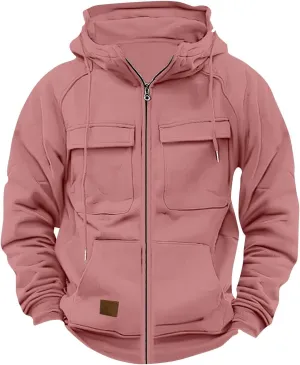 Men's Full-Zip Green Hoodie with Multiple Pockets, Soft Fleece, Adjustable Drawstring Hood, Casual Wear