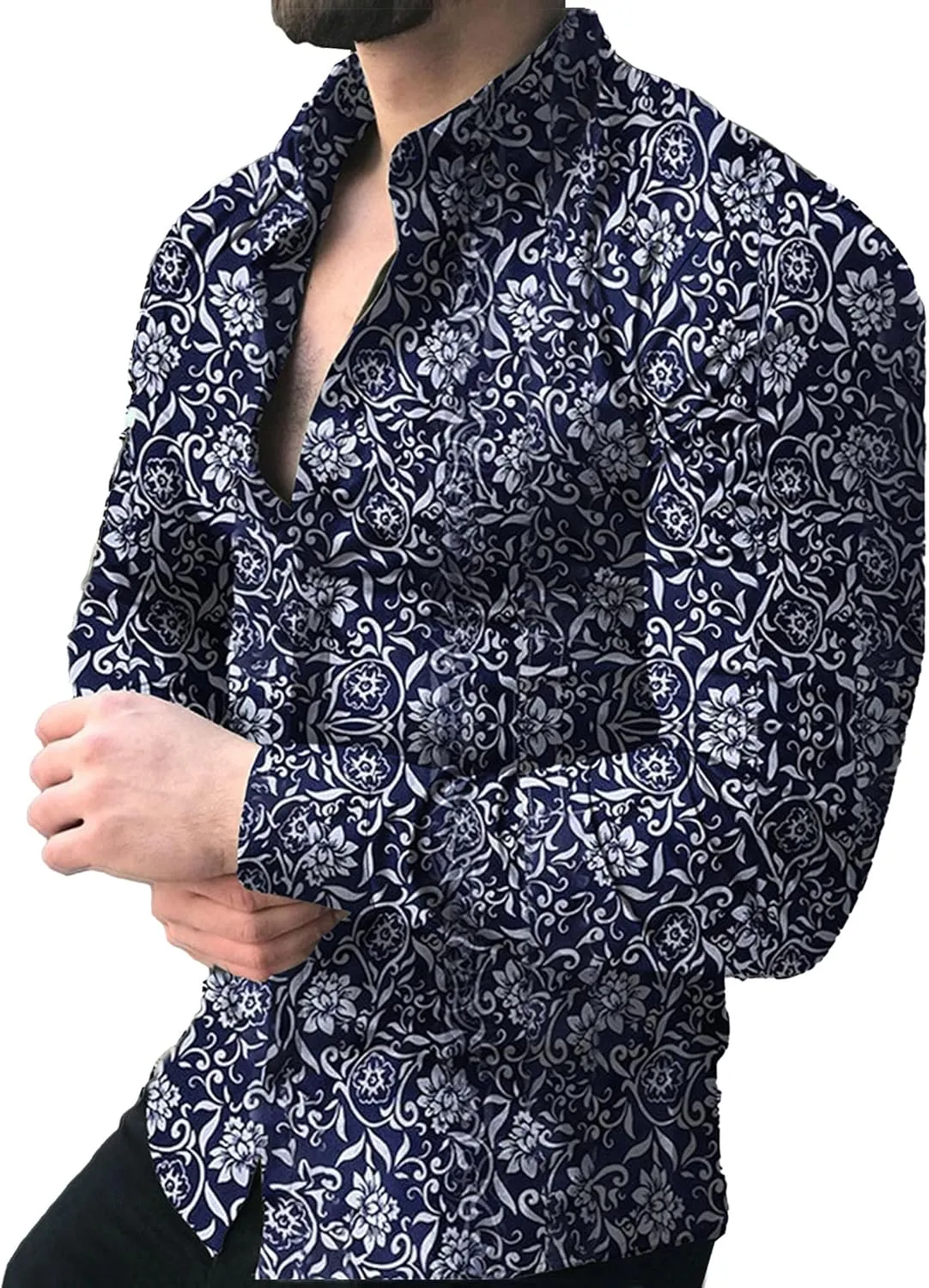 Mens Hawaiian Floral Shirts Slim Fit Long Sleeve Printed Dress Shirt Button Down Tropical Holiday Beach Shirts
