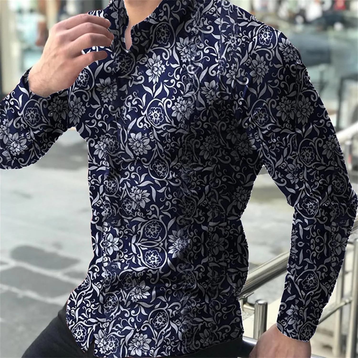 Mens Hawaiian Floral Shirts Slim Fit Long Sleeve Printed Dress Shirt Button Down Tropical Holiday Beach Shirts