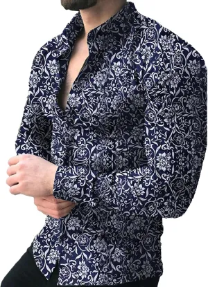 Mens Hawaiian Floral Shirts Slim Fit Long Sleeve Printed Dress Shirt Button Down Tropical Holiday Beach Shirts