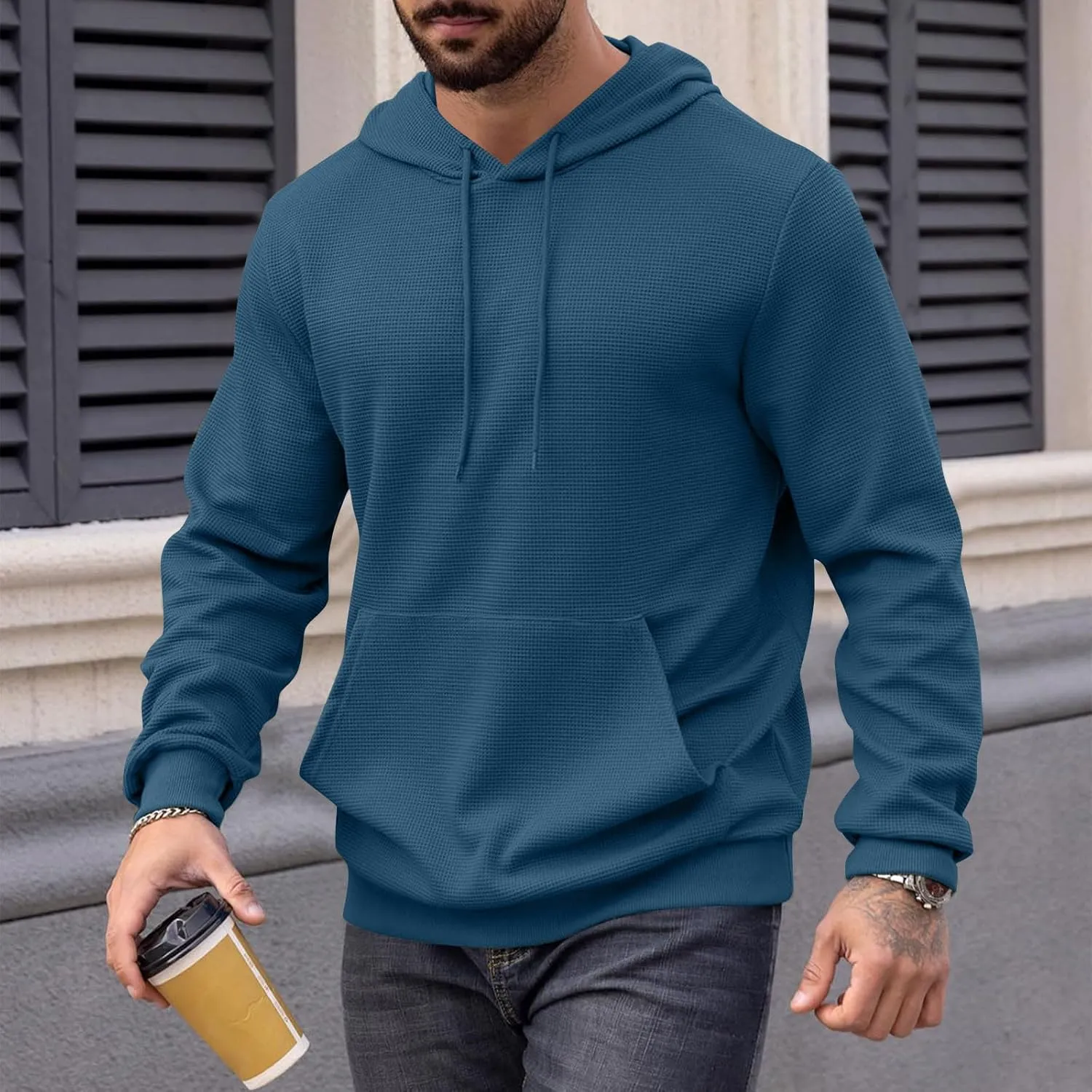 Mens Hooded Sweatshirts Pullover Causal Stylish Solid Long Sleeve Drawstring Gym Hooded Shirt Outdoor Fashion Top Tee
