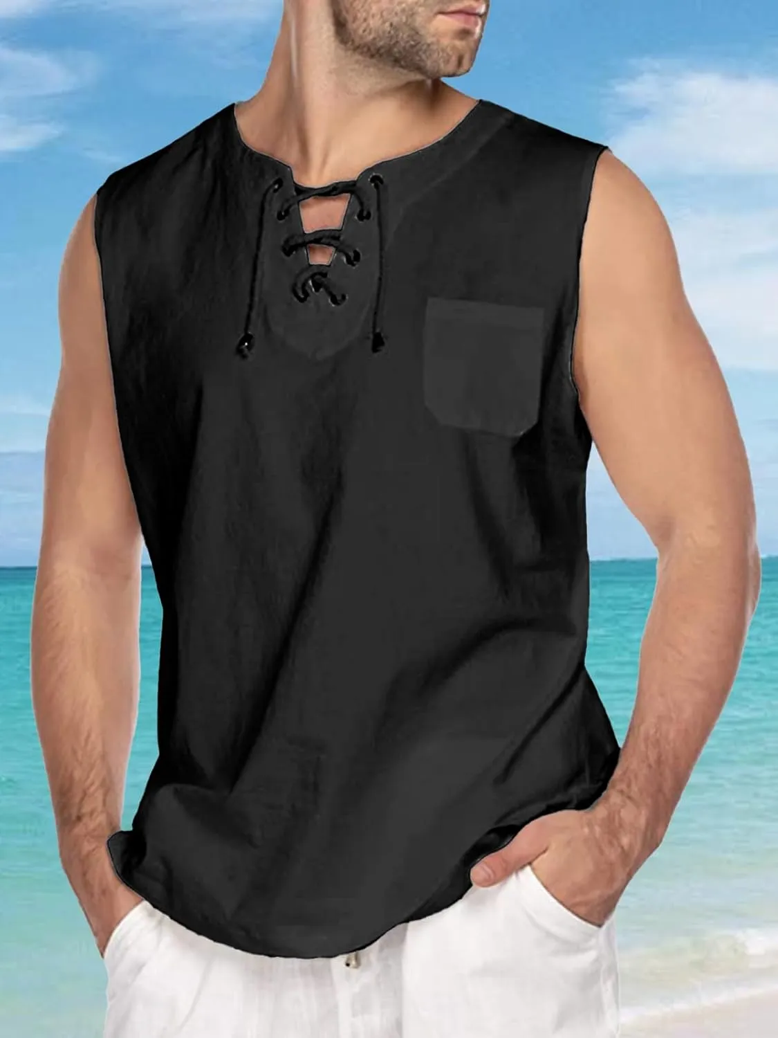 Men's Linen Tank Tops Summer Casual Sleeveless Shirts Lace Up Beach Hippie Tops Bohemian Tunic