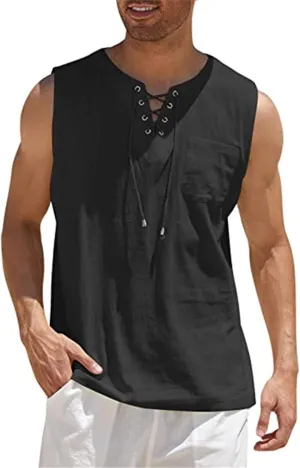 Men's Linen Tank Tops Summer Casual Sleeveless Shirts Lace Up Beach Hippie Tops Bohemian Tunic