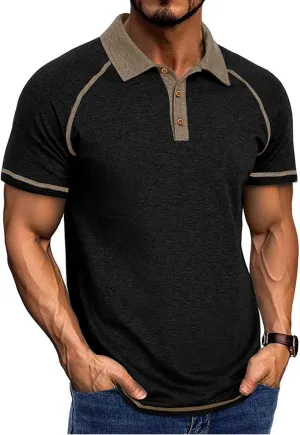 Men's Polo Shirts Short Sleeve Casual Vintage Collared Button Basic Golf Raglan Tee T-Shirts
