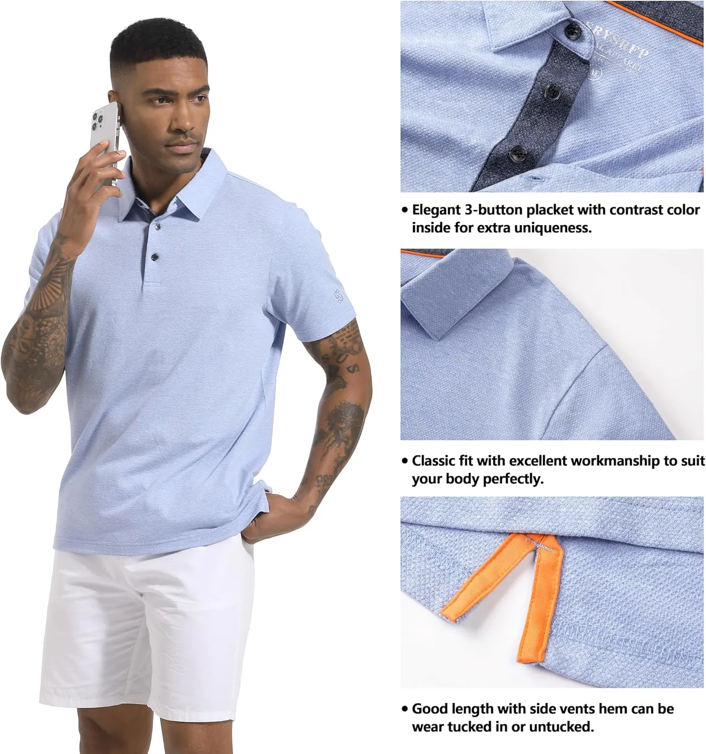 Men's Polo Shirts Short Sleeve Cotton Blend Moisture Wicking Dry Fit Performance Collared Golf Shirts for Men