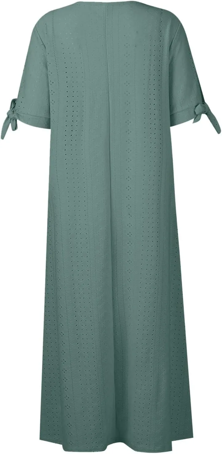 midelxp Summer Long Dresses for Women 2025 Trendy Stretchy Hollow Out Short Sleeve Tshirt Dress Casual Beach Vacation Dress