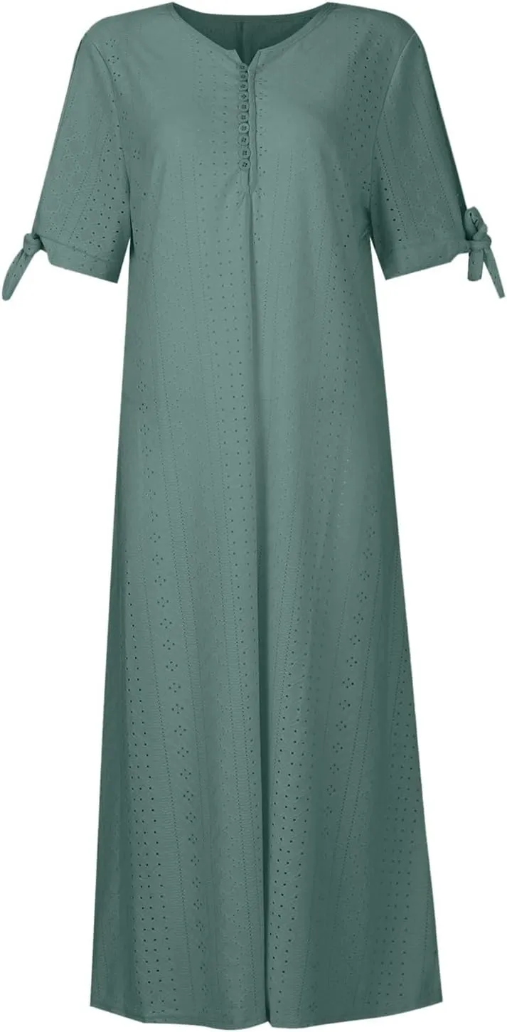 midelxp Summer Long Dresses for Women 2025 Trendy Stretchy Hollow Out Short Sleeve Tshirt Dress Casual Beach Vacation Dress
