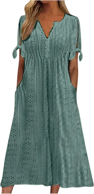 midelxp Summer Long Dresses for Women 2025 Trendy Stretchy Hollow Out Short Sleeve Tshirt Dress Casual Beach Vacation Dress