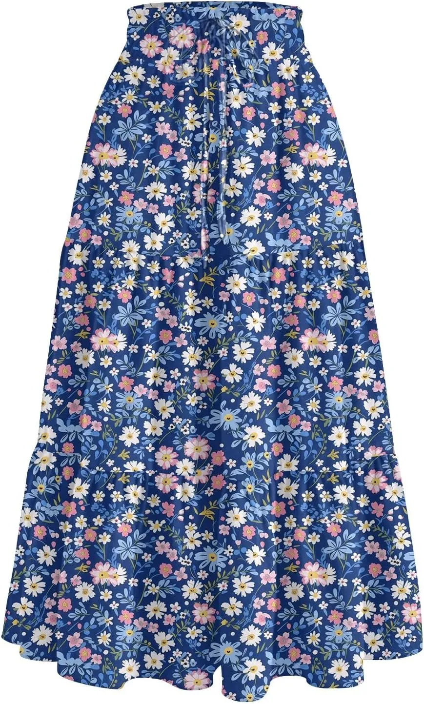 Midi Skirts for Women 2025 Boho Floral Skirts Tiered Ruffle Skirt Flowy A Line High Elastic Waisted Skorts with Pockets