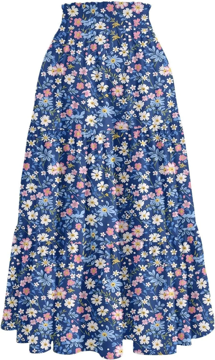 Midi Skirts for Women 2025 Boho Floral Skirts Tiered Ruffle Skirt Flowy A Line High Elastic Waisted Skorts with Pockets