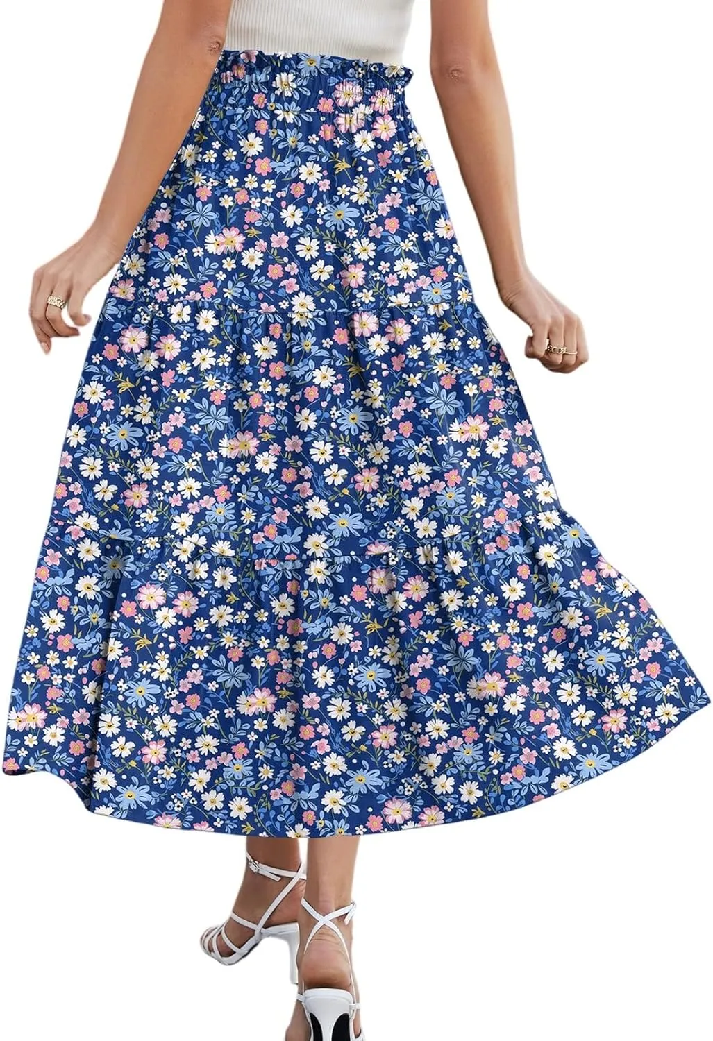 Midi Skirts for Women 2025 Boho Floral Skirts Tiered Ruffle Skirt Flowy A Line High Elastic Waisted Skorts with Pockets