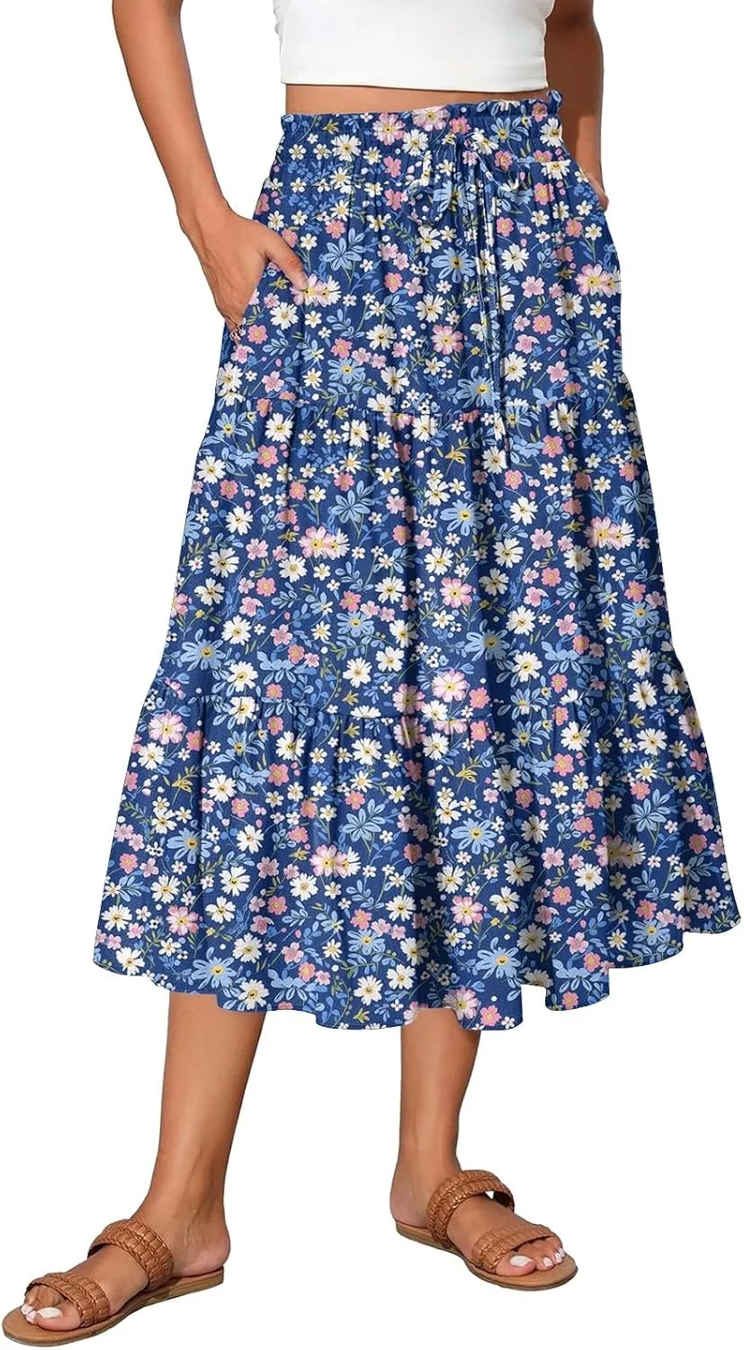 Midi Skirts for Women 2025 Boho Floral Skirts Tiered Ruffle Skirt Flowy A Line High Elastic Waisted Skorts with Pockets