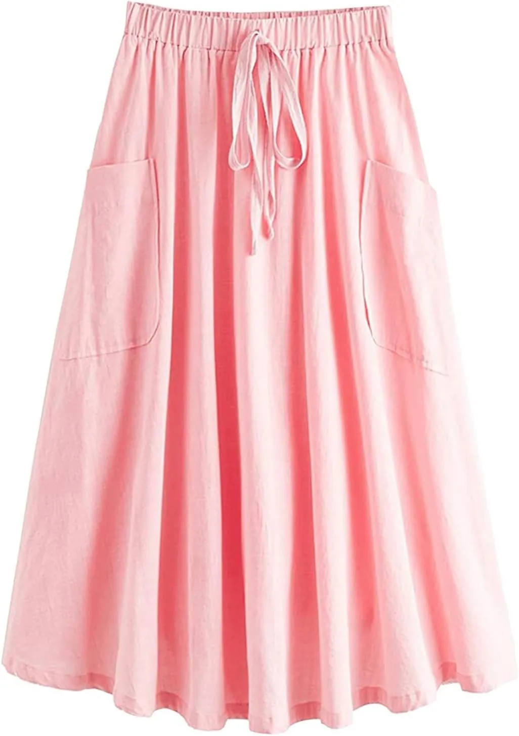 Midi Skirts for Women Summer Drawstring Elastic Waisted Flowy A-Line Swing Pleated Skirt with Pockets