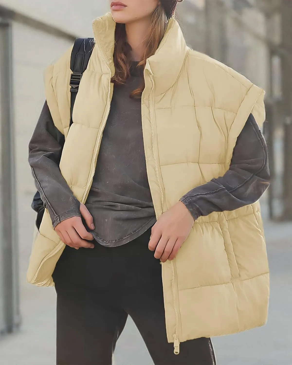 Miladusa Women's Outwear Vest - Stand Collar Lightweight Oversized Zip Bubble Puffer Vest for Women
