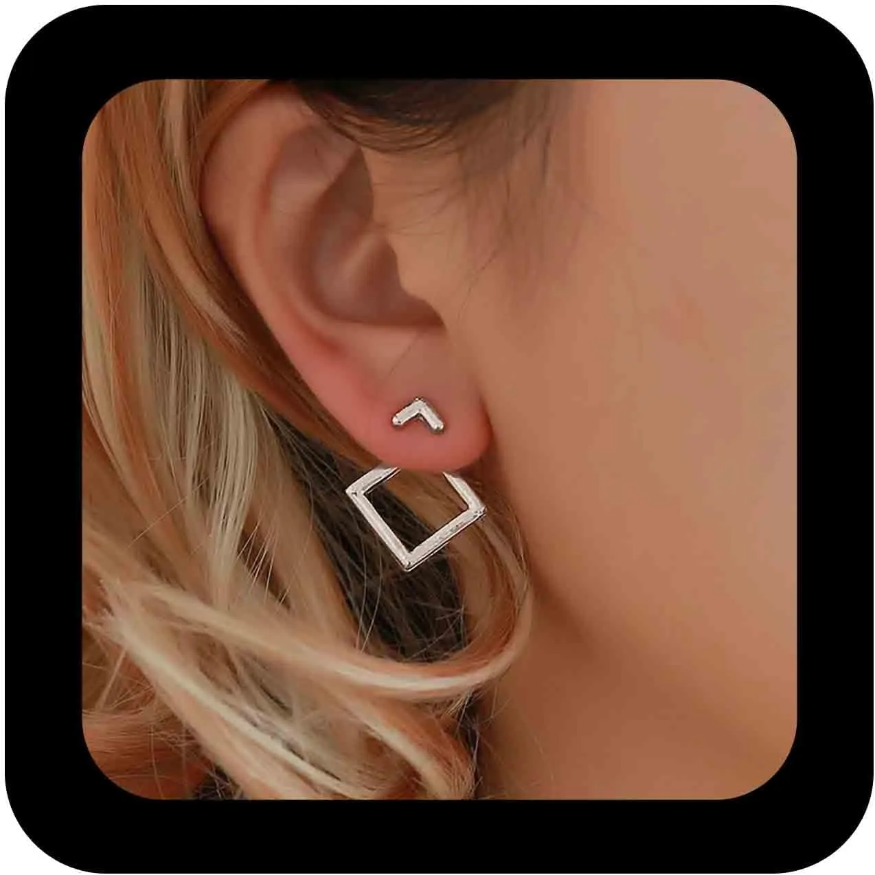 Minimalist Gold Ear Jacket Earrings Rhombus Geometric Ear Studs Hollow Square Front Back Earrings Open Rhombus Earring Jewelry for Women(Gold Geometric 1)