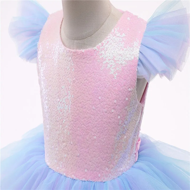 Mitsy - Girls Rainbow Unicorn Princess Dress - Pastel Rainbow  Dress
