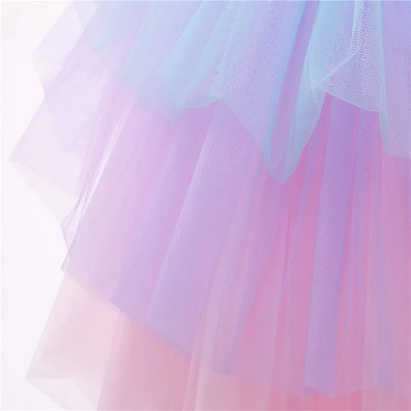 Mitsy - Girls Rainbow Unicorn Princess Dress - Pastel Rainbow  Dress