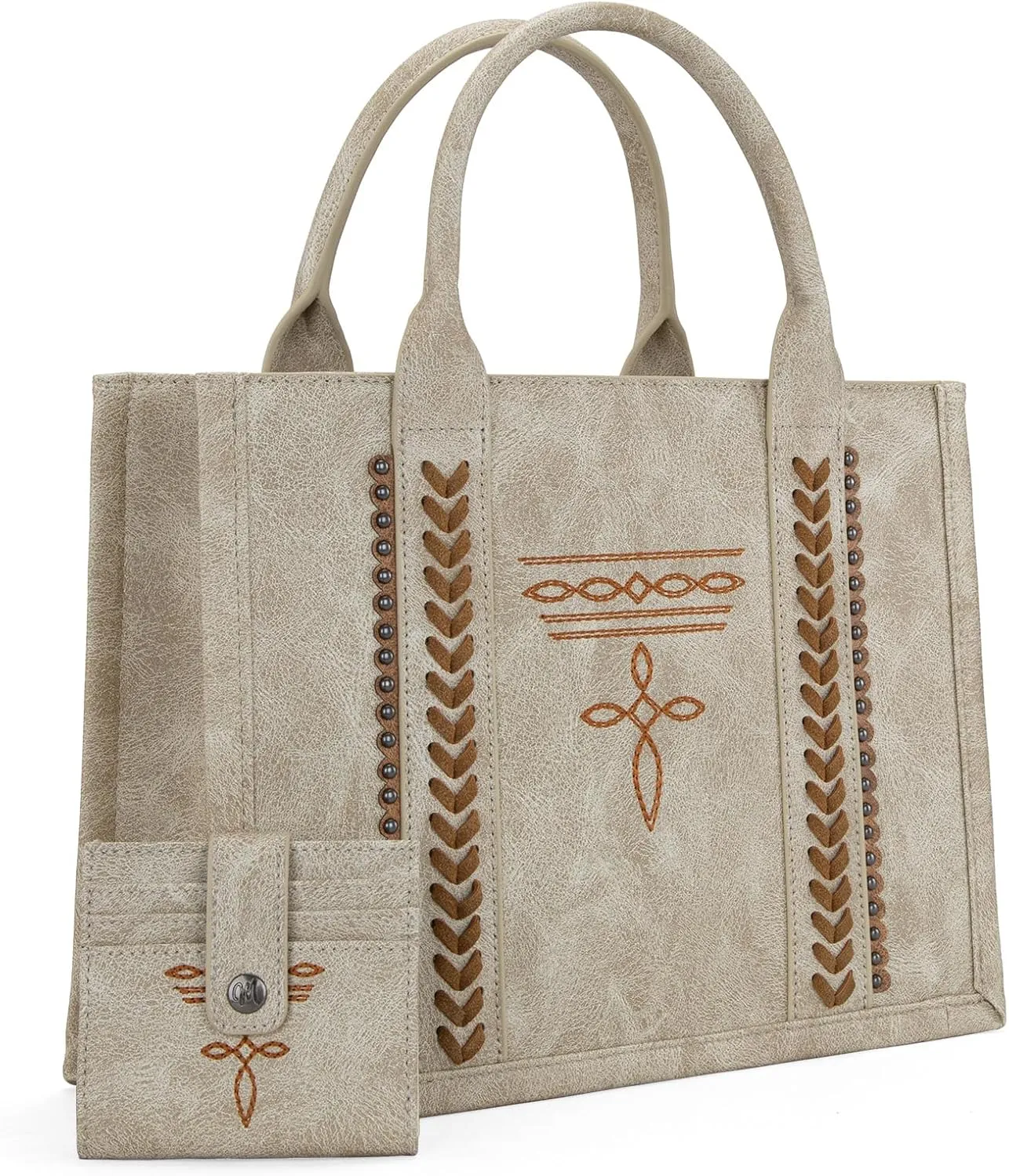 Montana West Longhorn Whipstitch Western Top Handle Tote Bag with Card Wallet Set
