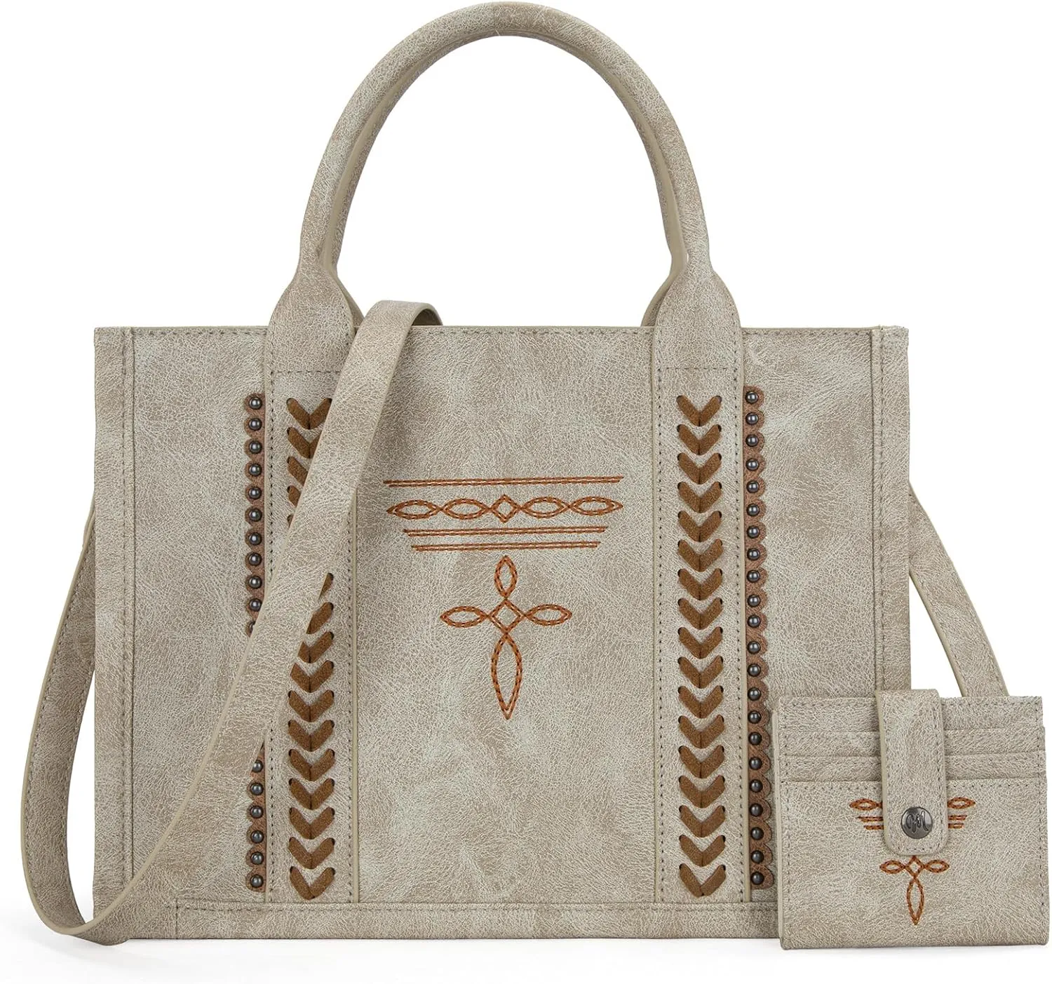 Montana West Longhorn Whipstitch Western Top Handle Tote Bag with Card Wallet Set