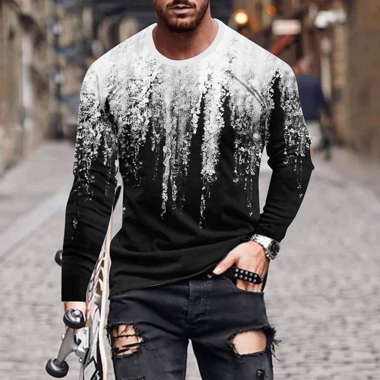 Muscularfit Mens Long Sleeve Shirts Casual Gradient Color Loose Pullover Graphic Tee Shirts Fall Fashion Athletic Sweatshirts