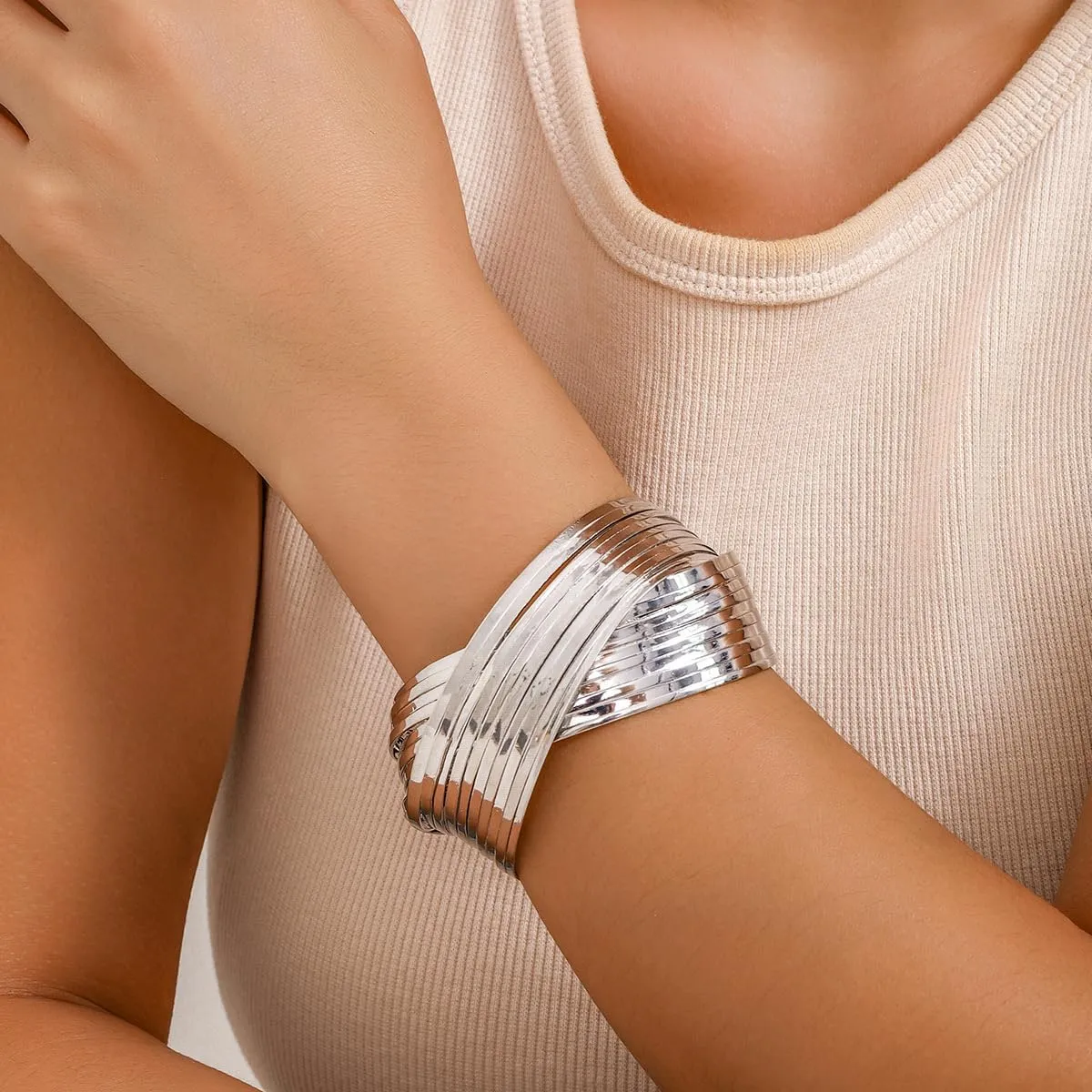 MYANAIL Metal intersecting Thick Wide Cuff Bracelet for Women Open Wide Wire Bracelets Wrist Cuff Wrap Bangle Minimalist Chunky Thick Wide Bracelet