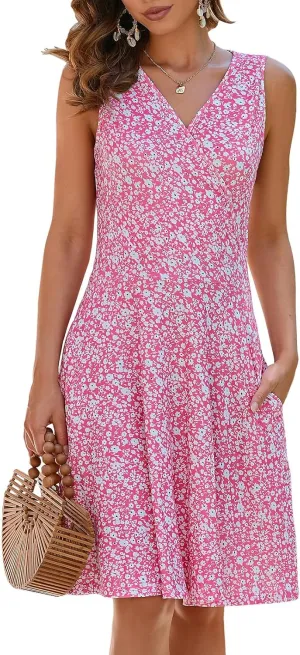 Naggoo Sundresses for Women Summer Casual Faux Wrap V Neck Floral Short Tank Dress with Pockets