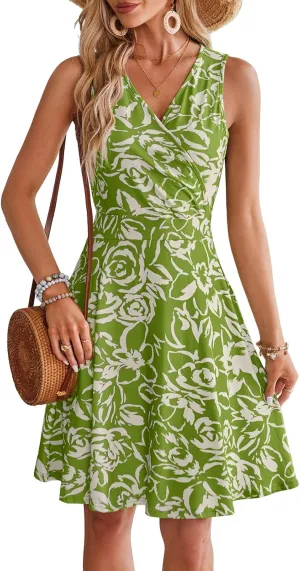 Naggoo Sundresses for Women Summer Casual Faux Wrap V Neck Floral Short Tank Dress with Pockets
