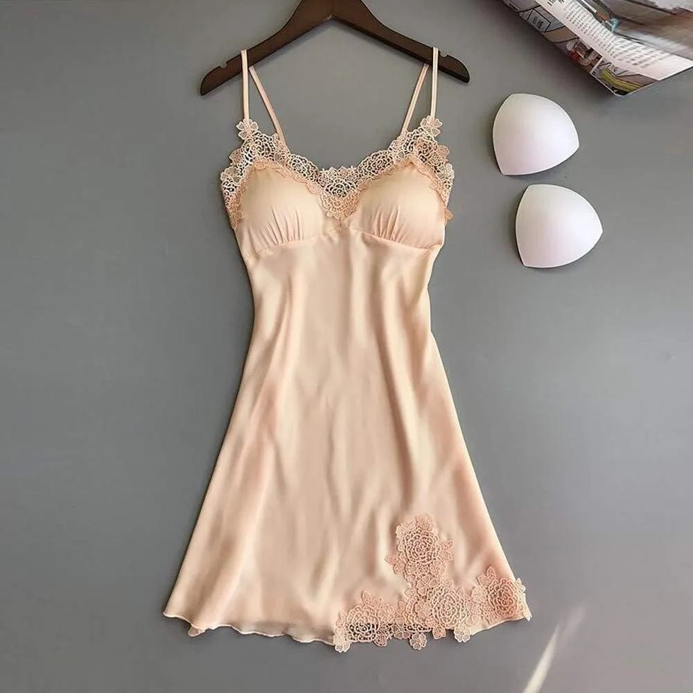 Nightgown For Womens Lace Trim Satin Sexy Padded Chemises Sleepwear Silk Slip Dress Boudoir Outfits