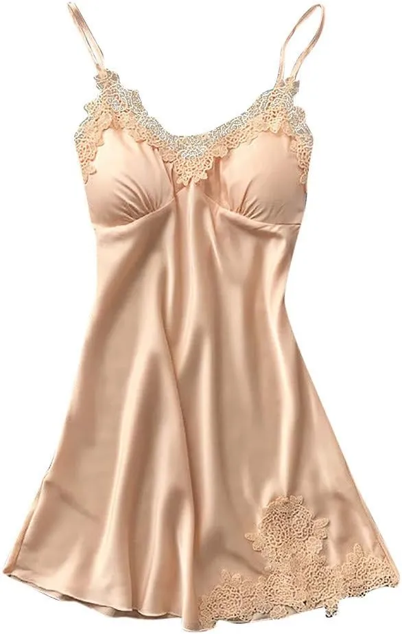 Nightgown For Womens Lace Trim Satin Sexy Padded Chemises Sleepwear Silk Slip Dress Boudoir Outfits