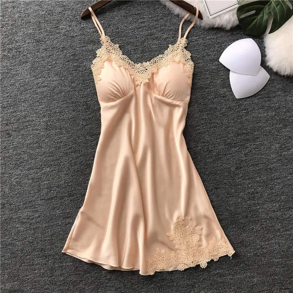 Nightgown For Womens Lace Trim Satin Sexy Padded Chemises Sleepwear Silk Slip Dress Boudoir Outfits