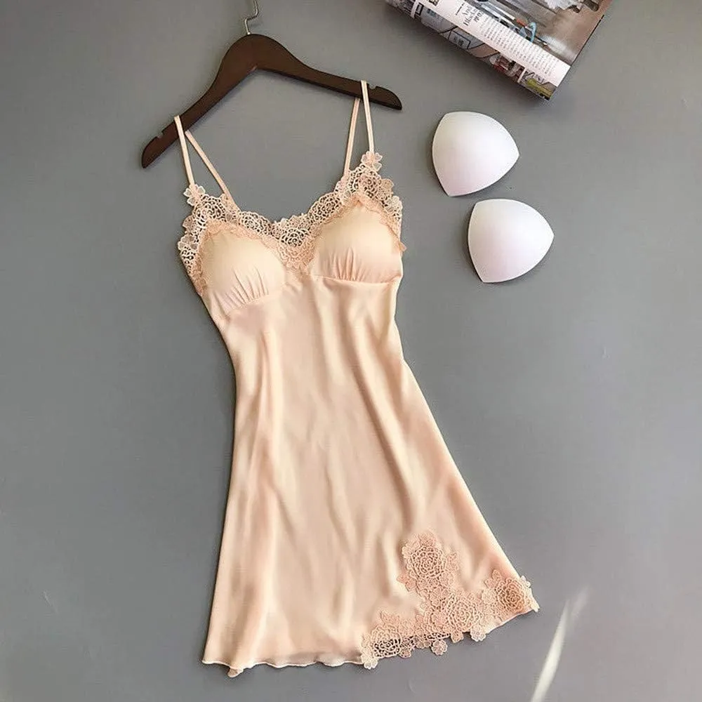 Nightgown For Womens Lace Trim Satin Sexy Padded Chemises Sleepwear Silk Slip Dress Boudoir Outfits